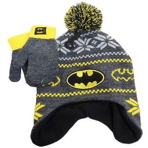 Toddler Boys  BATMAN Fleece Lined Trapper Hat & Mittens OSFM Fair Isle Gray NWT